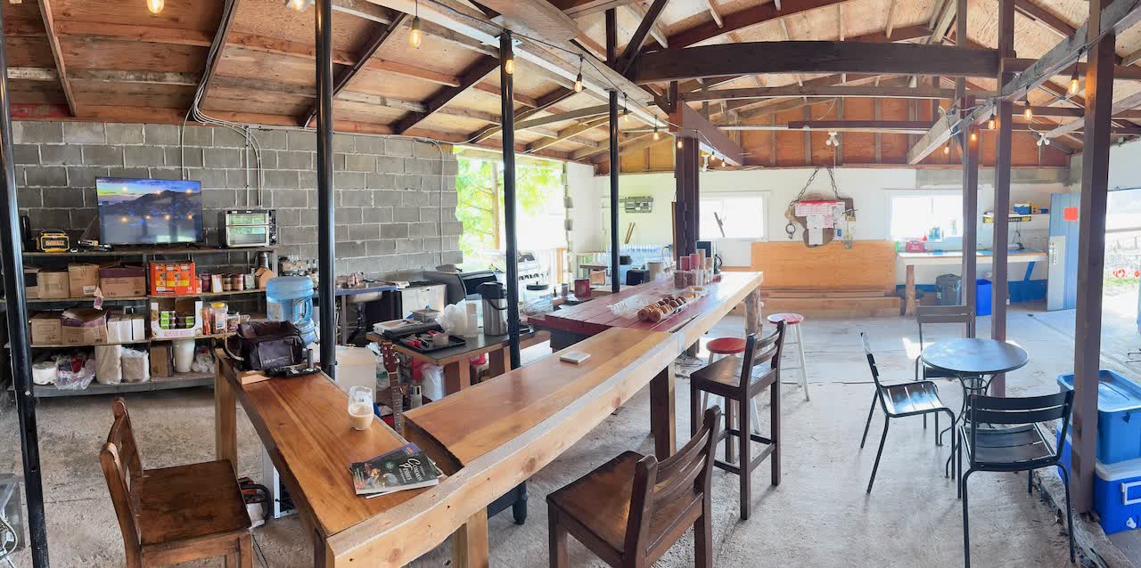 Interior of the covered waterfront staging area with the long wooden bar and string lights